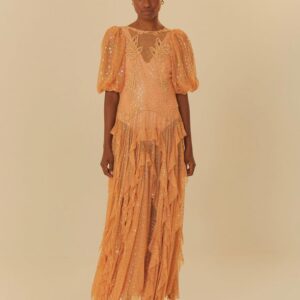 vestido longo babado tule